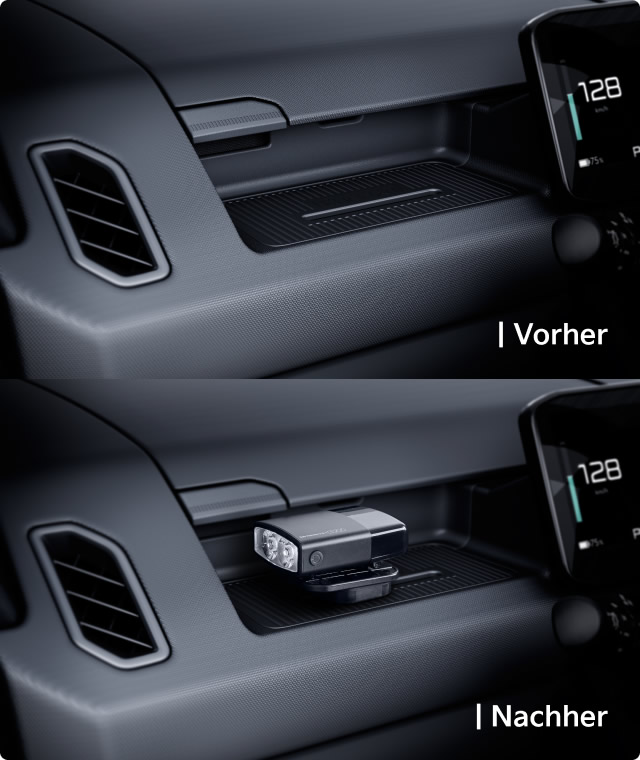 Armaturenbrett mit AddGear und Taschenlampe Gezeigt mit und ohne kompakte Taschenlampe.